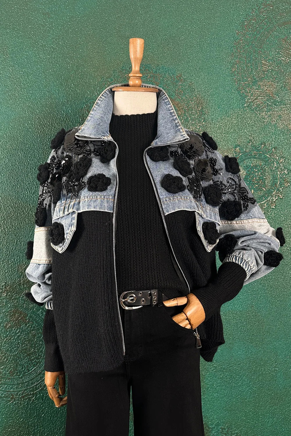 Çiçek Detaylı Denim/Triko Ceket