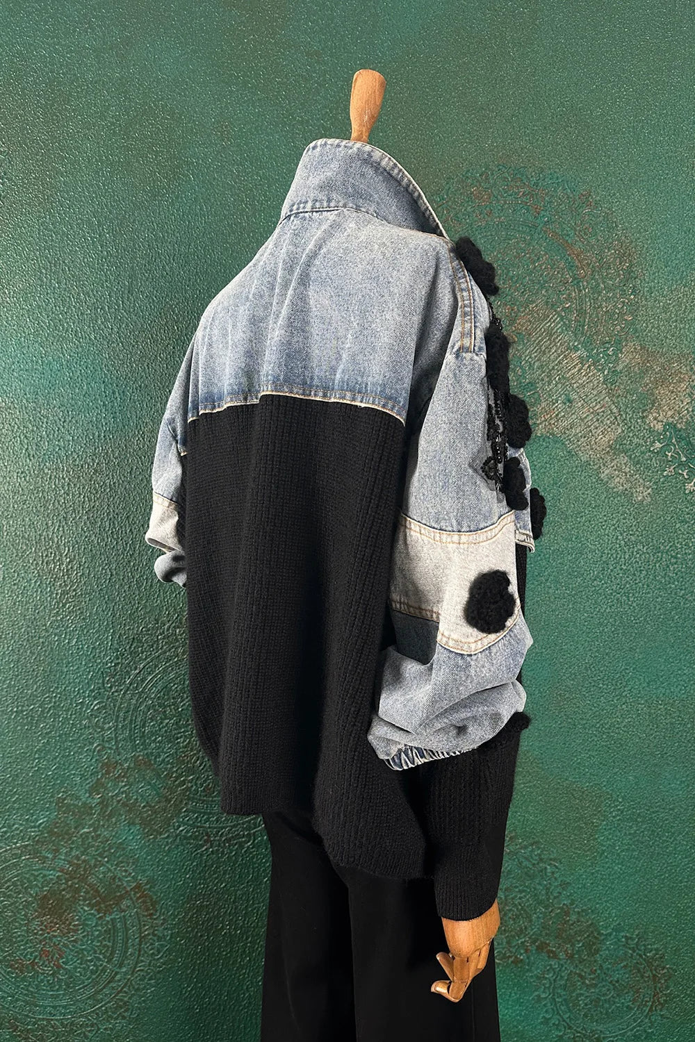 Çiçek Detaylı Denim/Triko Ceket