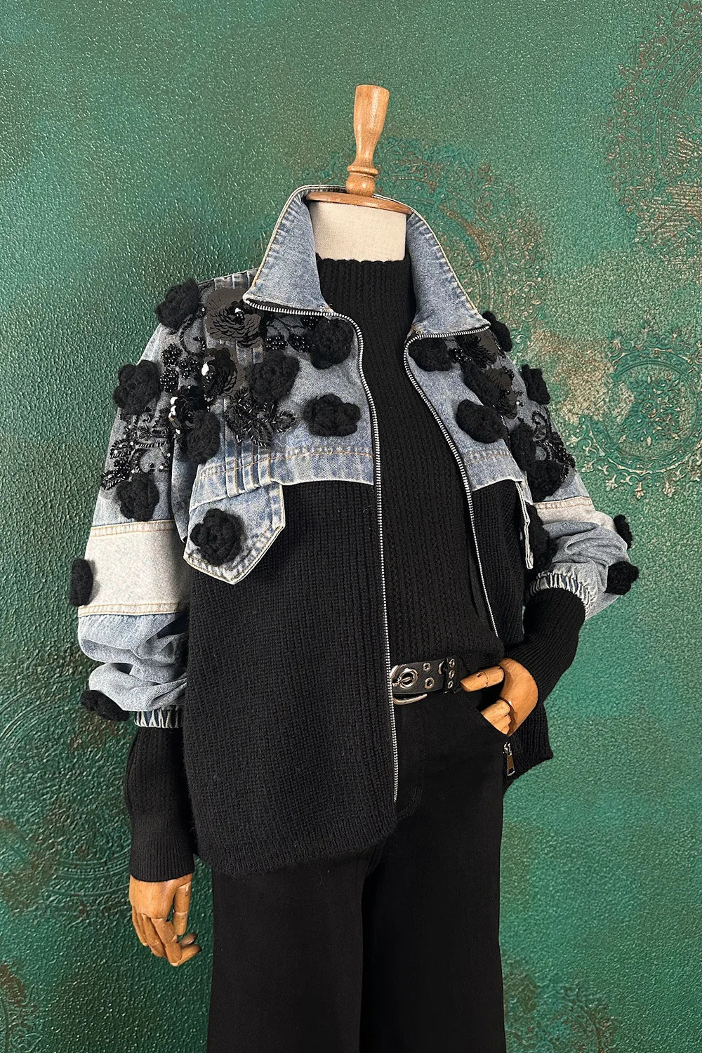 Çiçek Detaylı Denim/Triko Ceket