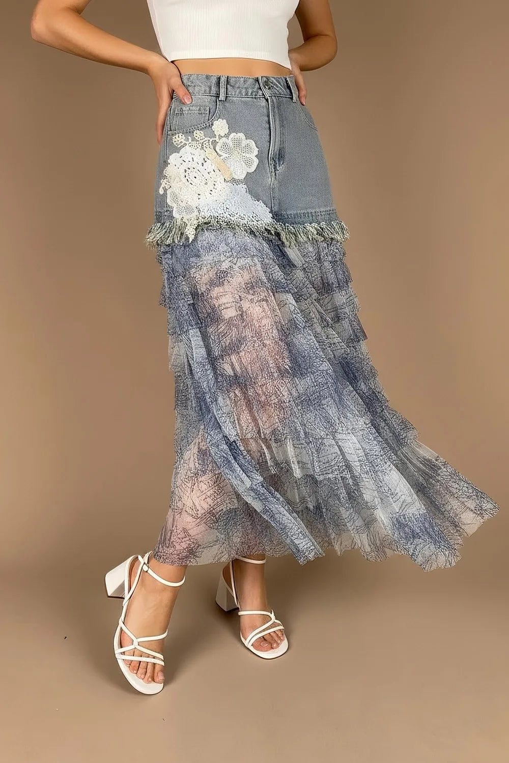 Tül Detaylı Denim Etek