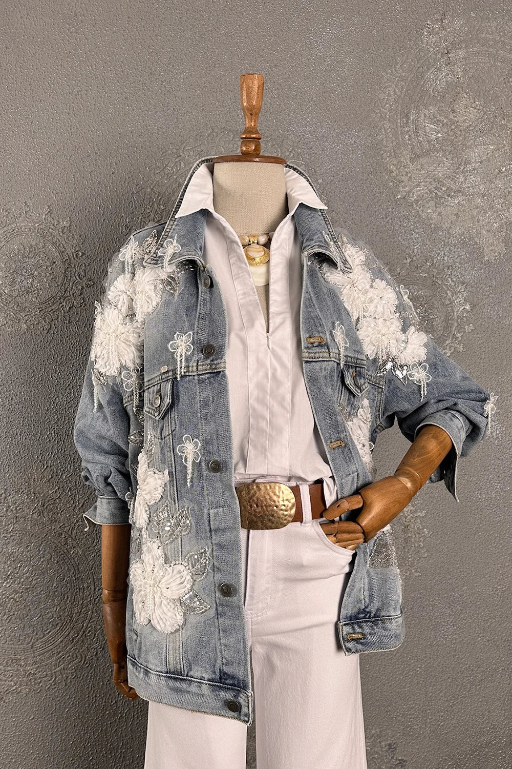 Tül İşlemeli Denim Ceket