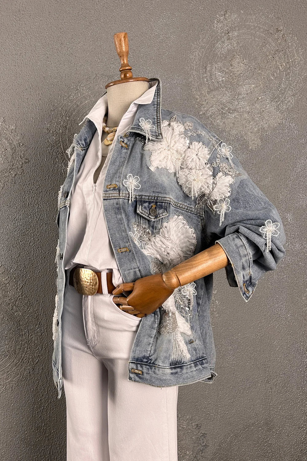 Tül İşlemeli Denim Ceket