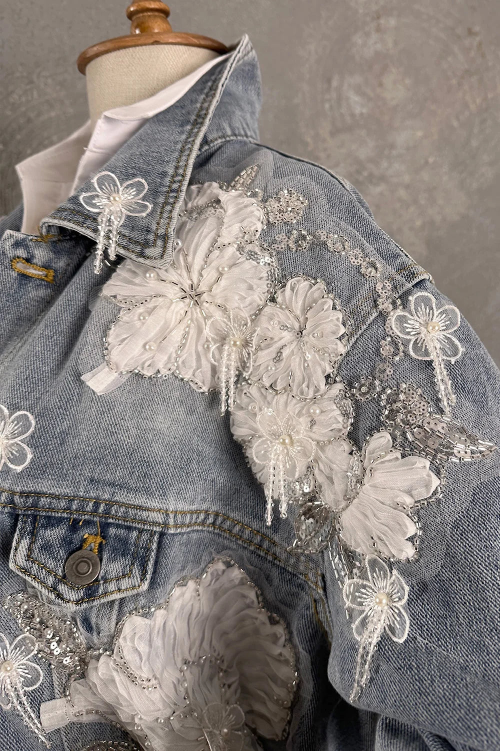 Tül İşlemeli Denim Ceket