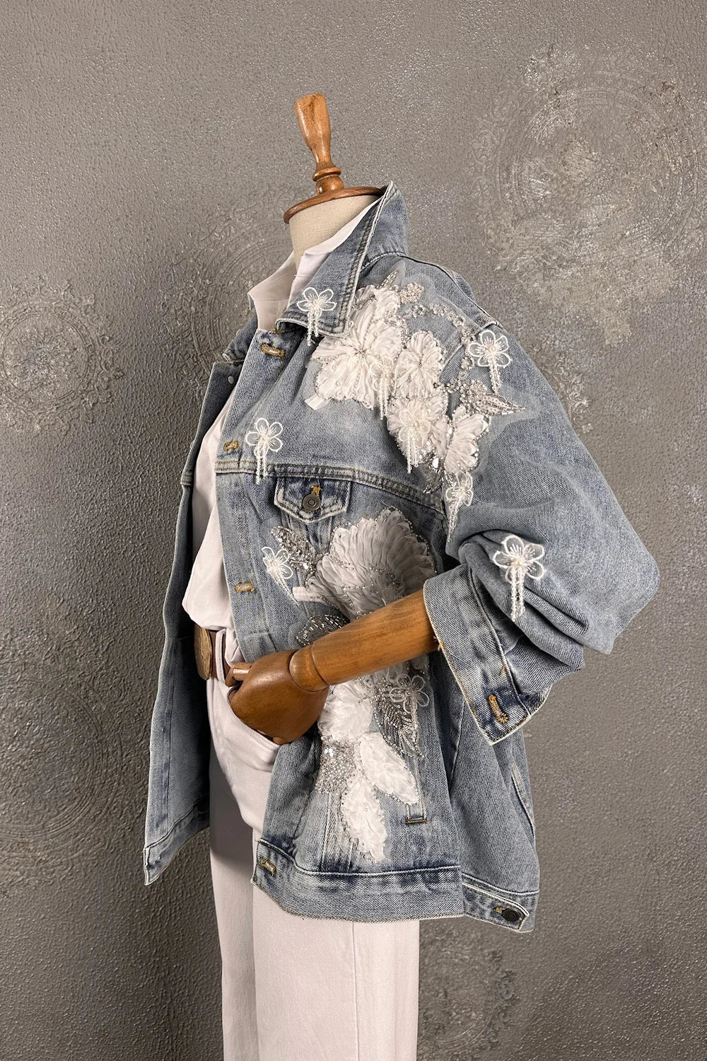 Tül İşlemeli Denim Ceket