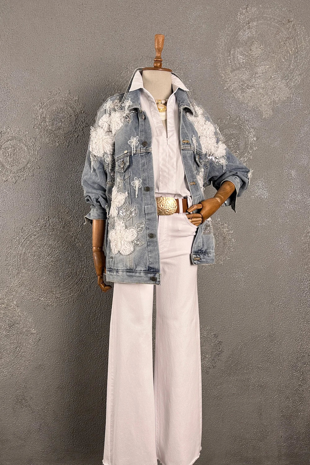 Tül İşlemeli Denim Ceket