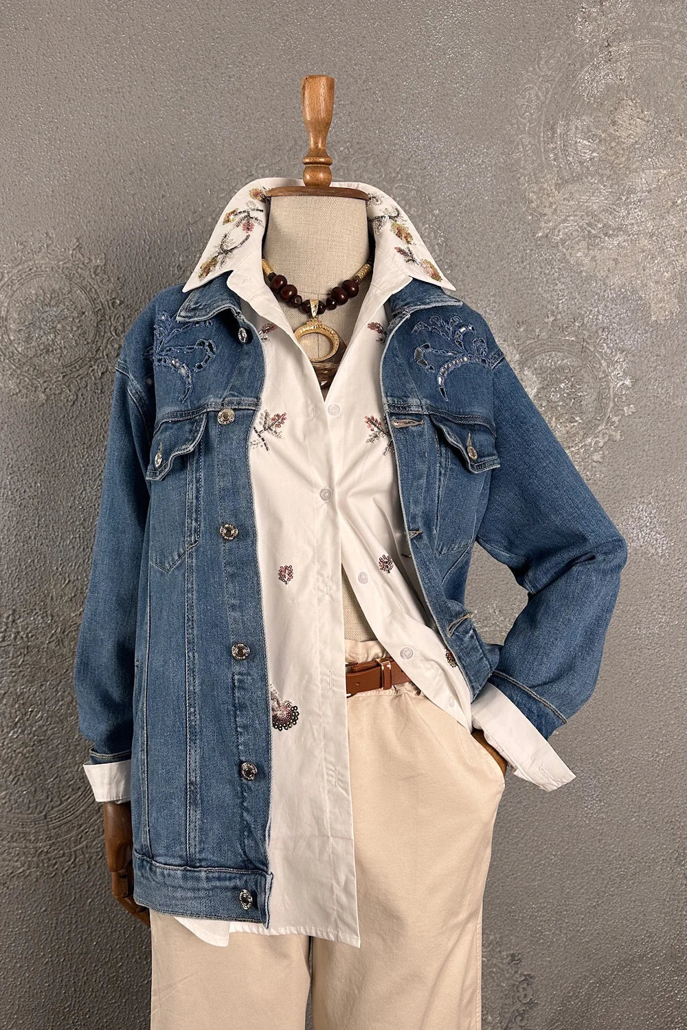 Desen Kesimli Denim Ceket