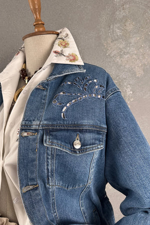 Desen Kesimli Denim Ceket