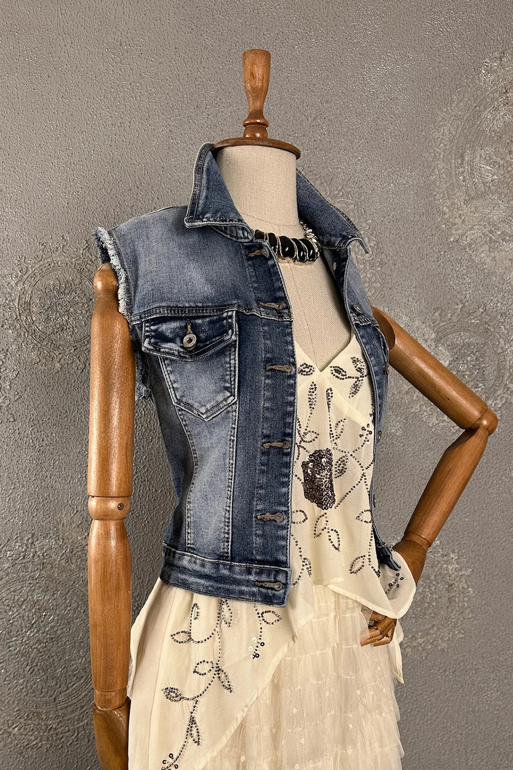 Düş Kapanı Desenli Denim Yelek