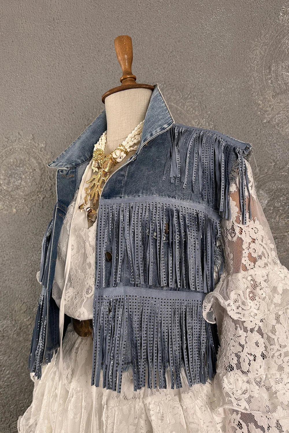Püsküllü Denim Yelek
