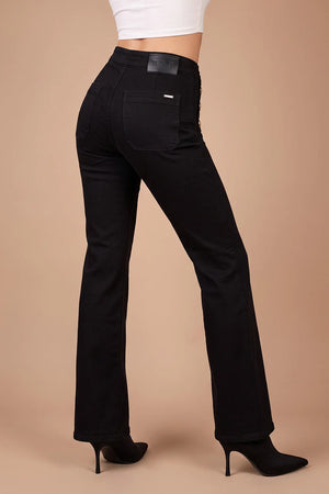 Siyah düğme detaylı bootcut jean, kadın, yüksek bel, cepli, klasik kesim, yandan görünüm