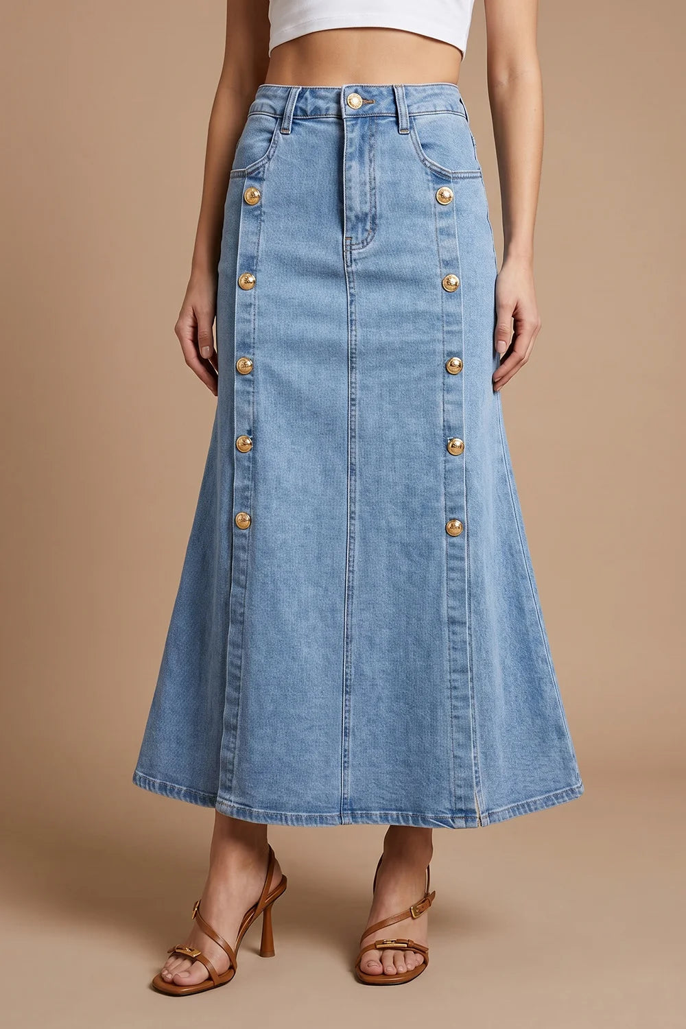 Düğme Detaylı Denim Etek