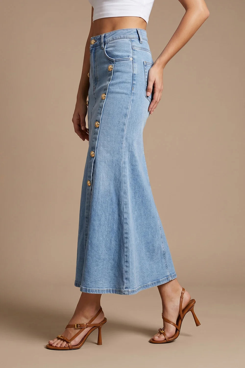 Düğme Detaylı Denim Etek