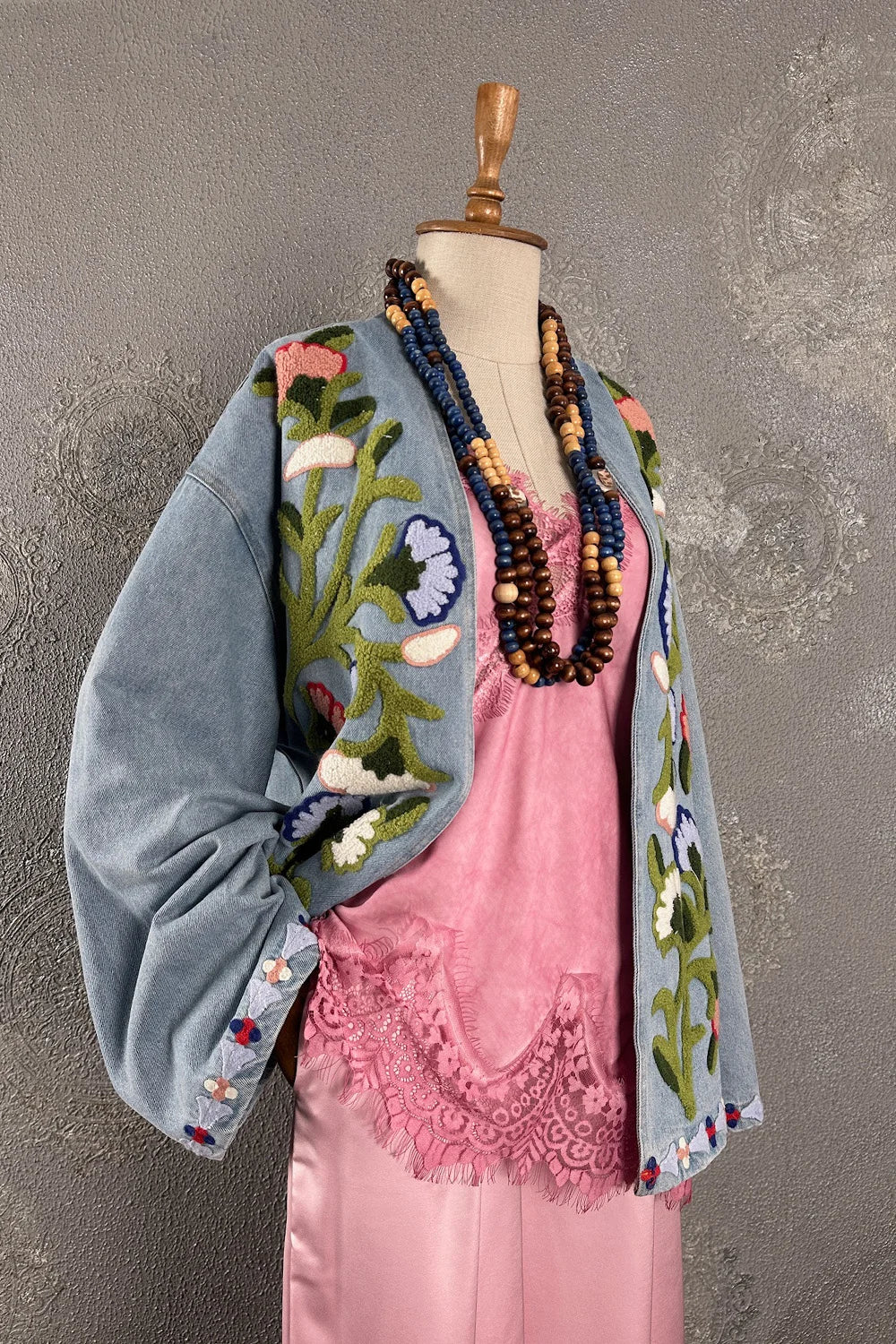 Punch Nakışlı Kot Kimono