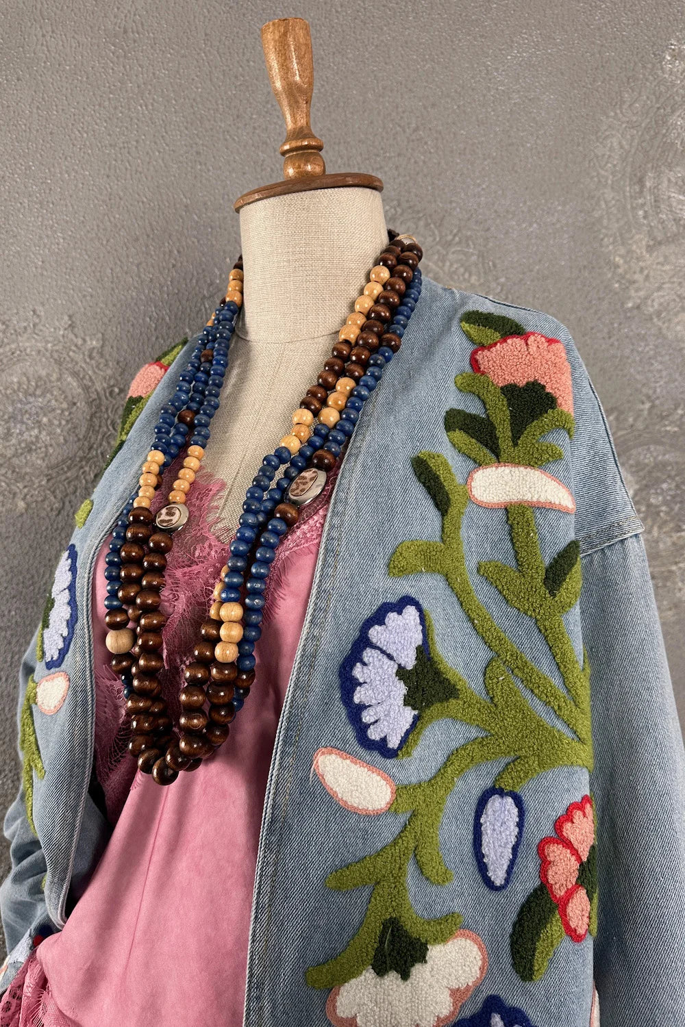 Punch Nakışlı Kot Kimono