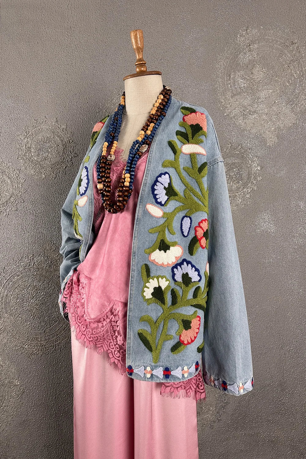 Punch Nakışlı Kot Kimono