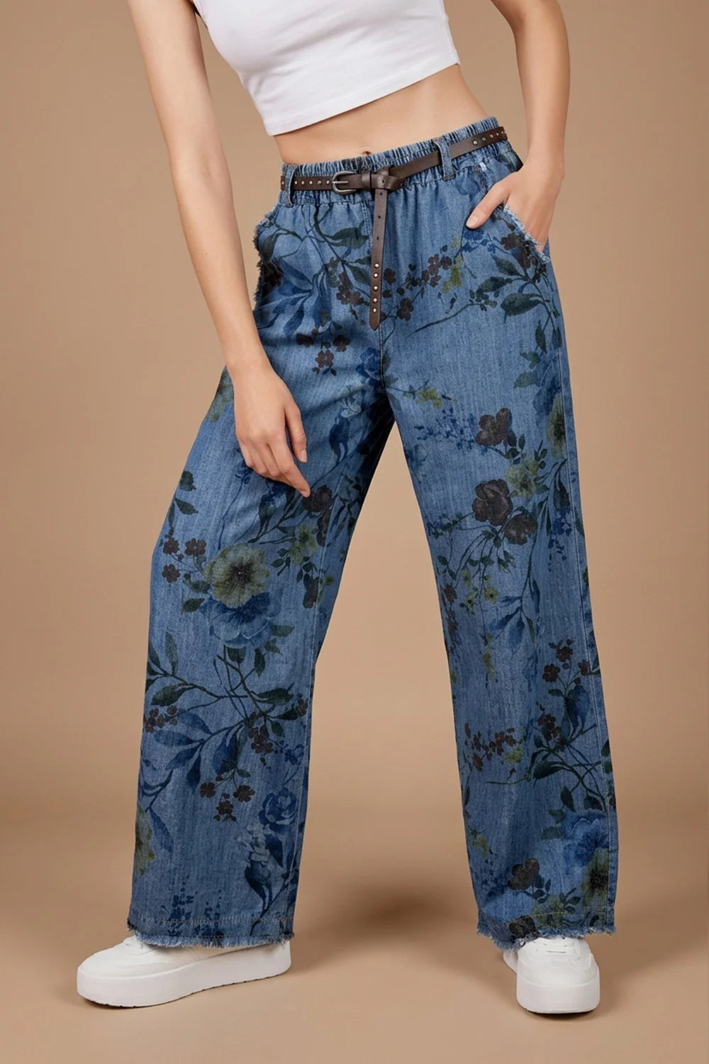 Çiçek Desenli Kot Pantolon