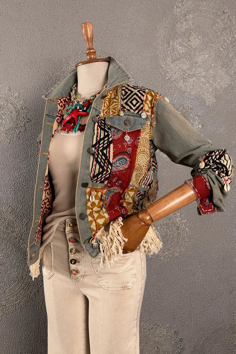 Patchwork İşlemeli Kot Ceket