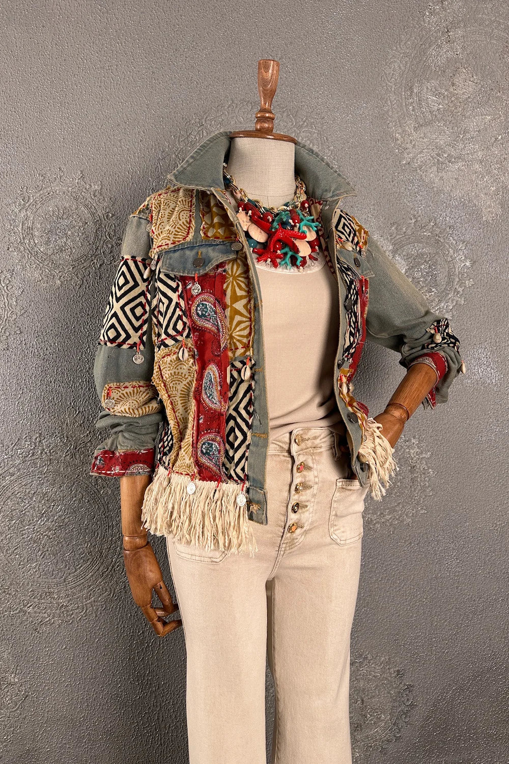 Patchwork İşlemeli Kot Ceket