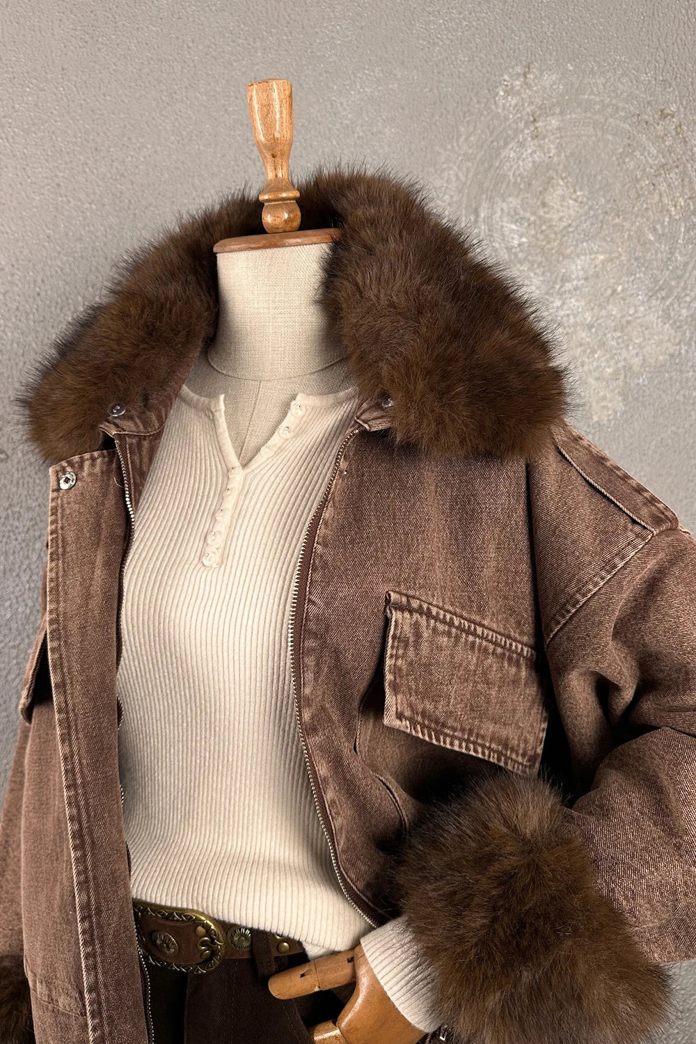 Kürk Detaylı Denim Mont