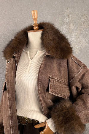 Kürk Detaylı Denim Mont