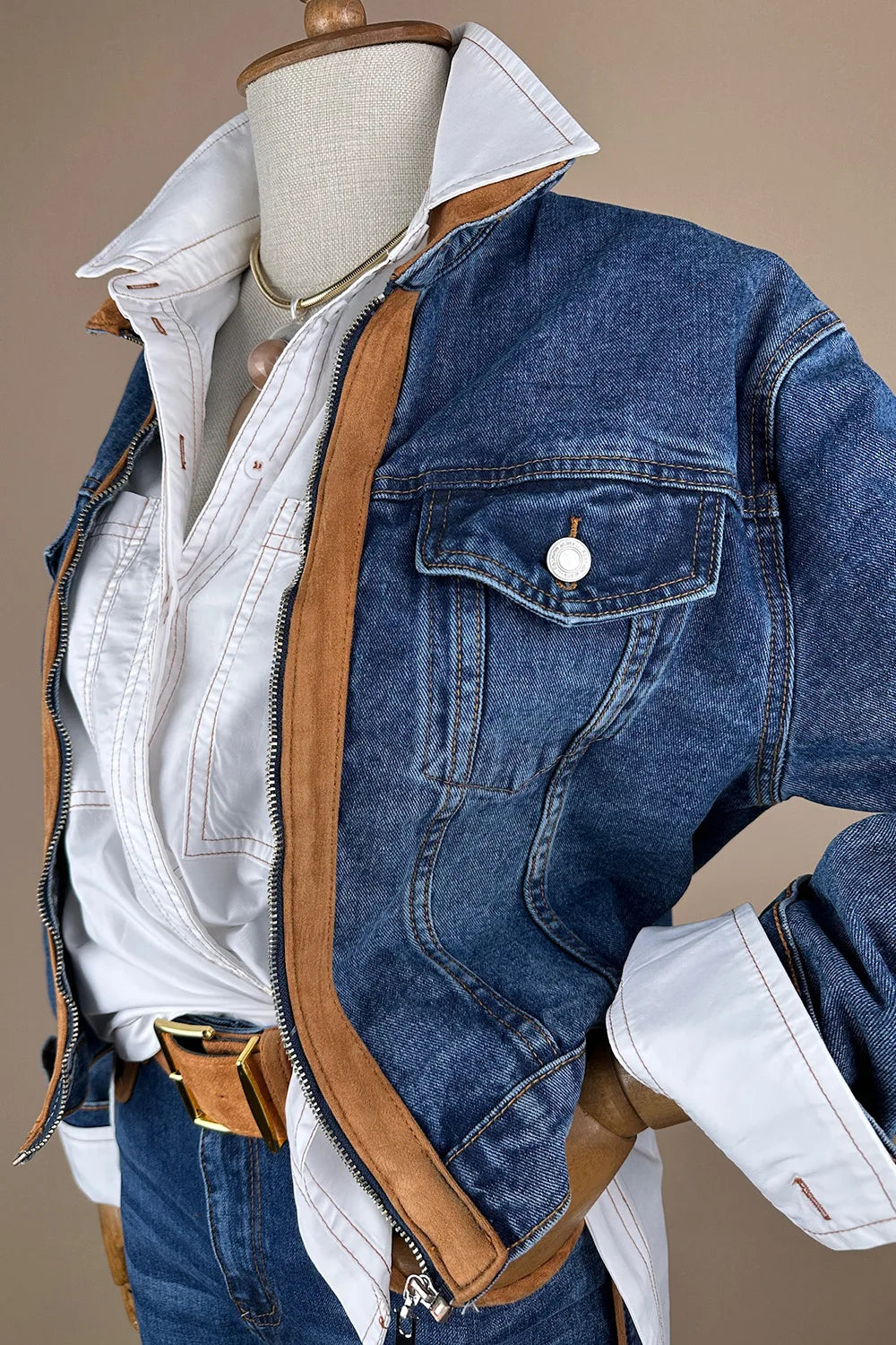 Nubuk Detaylı Denim Takım