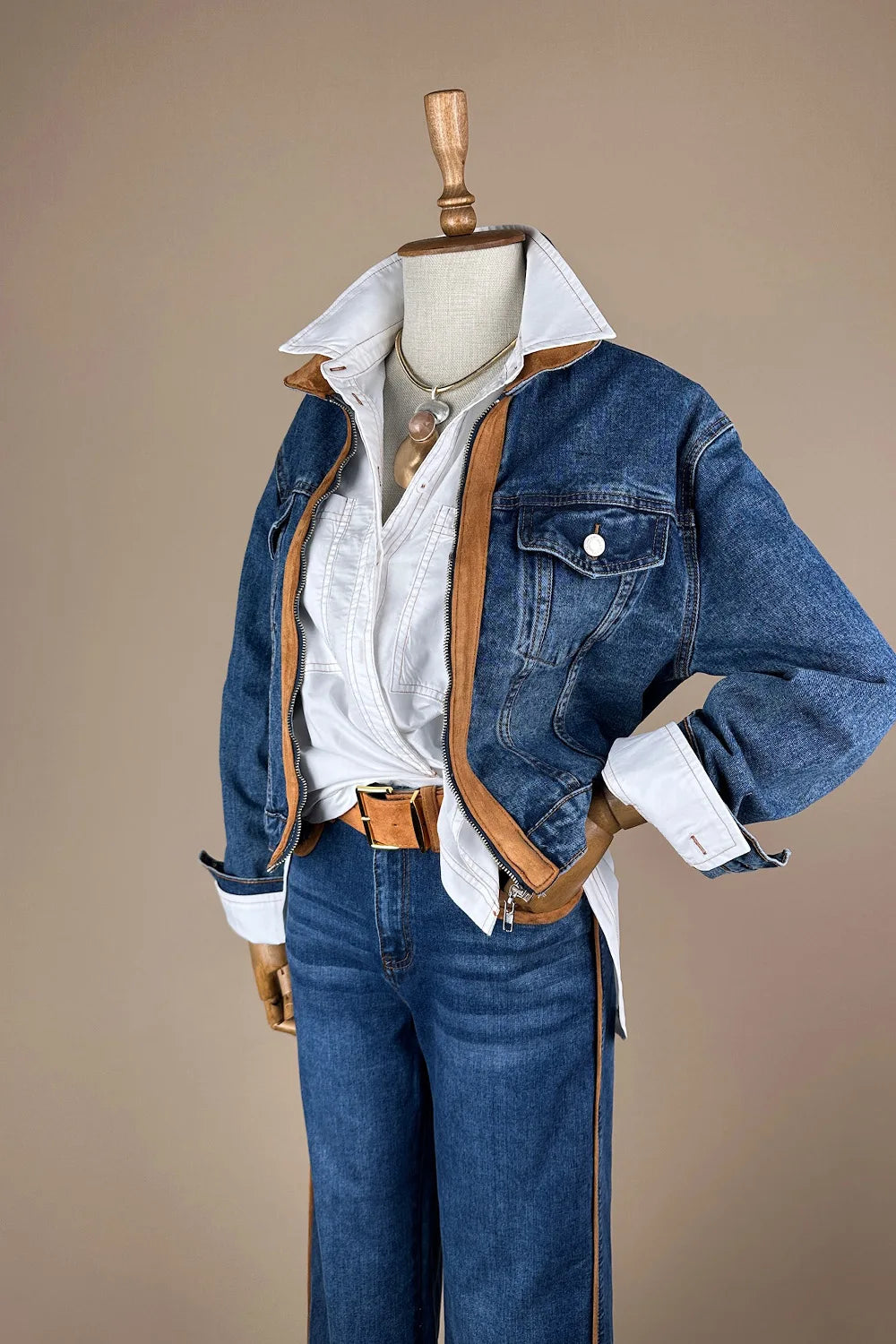 Nubuk Detaylı Denim Takım