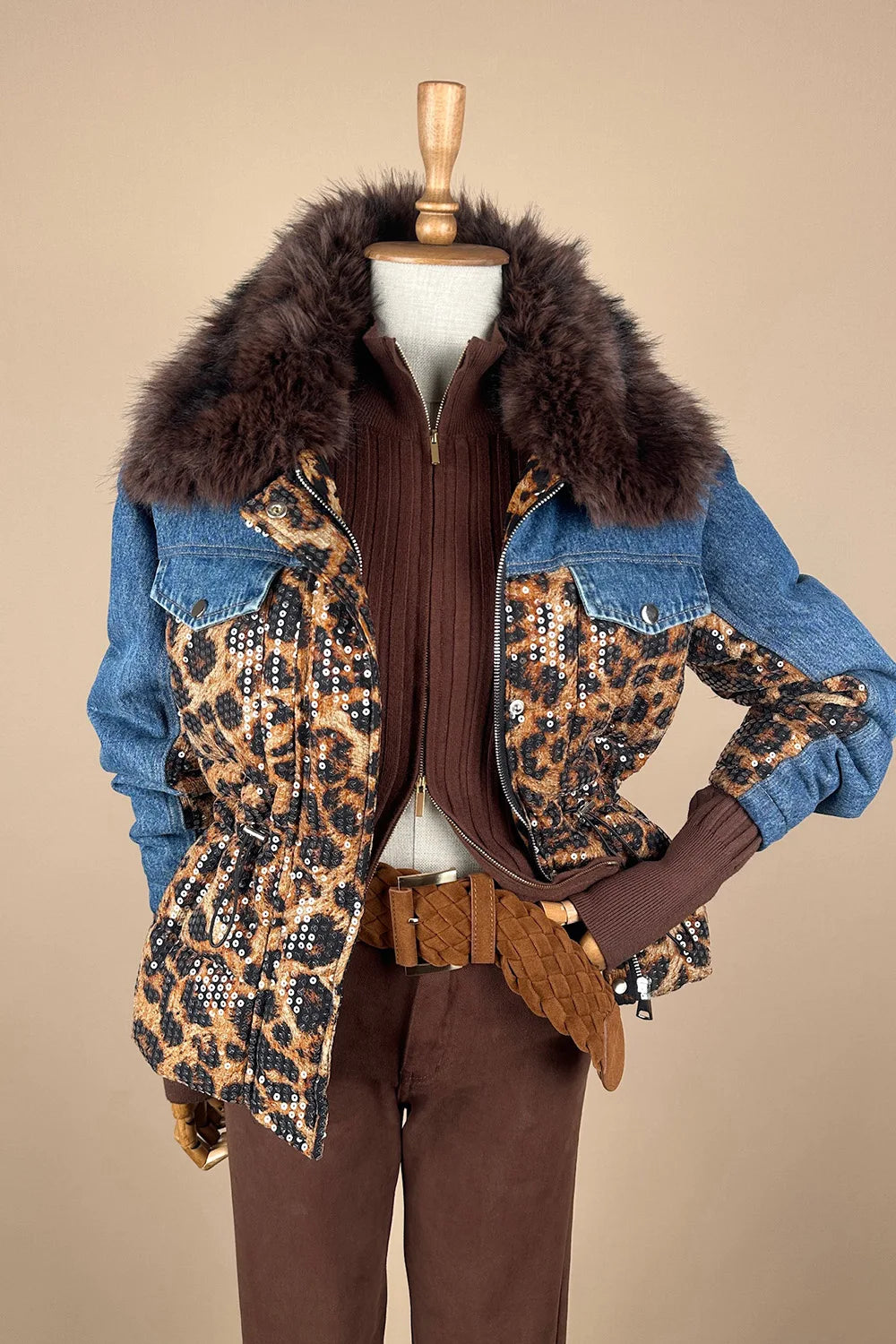 Leopar Desenli Payetli Denim Mont