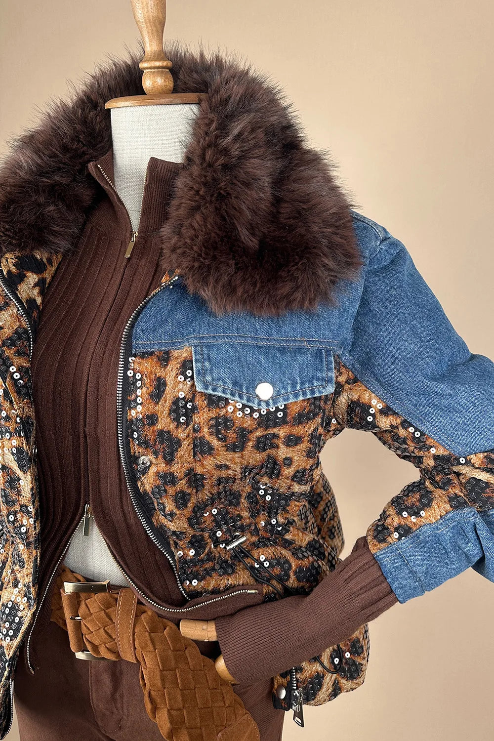 Leopar Desenli Payetli Denim Mont