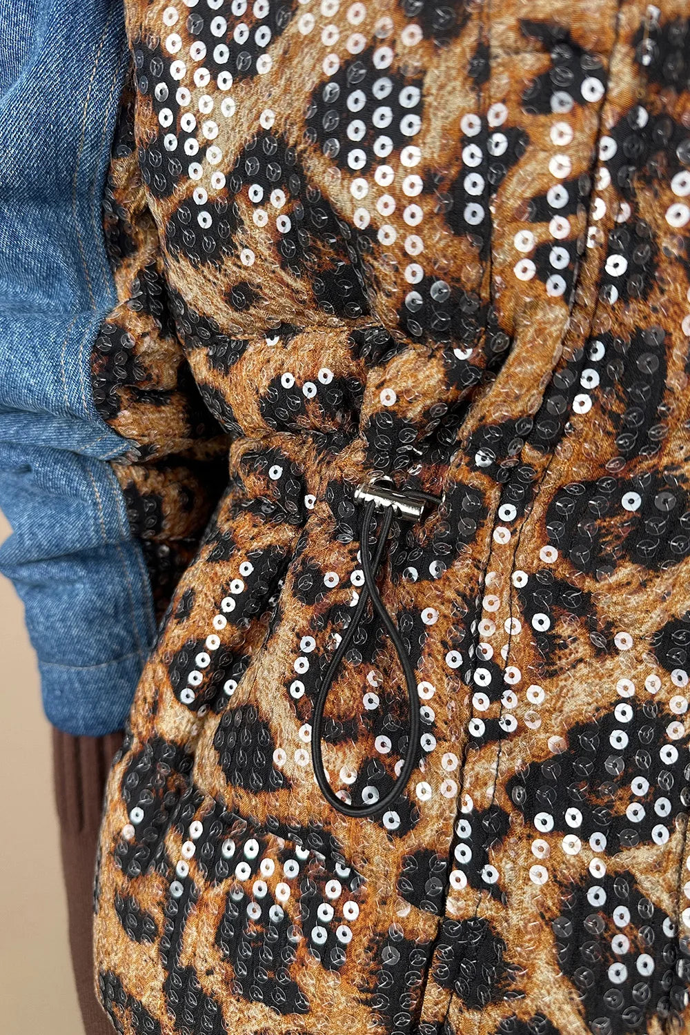 Leopar Desenli Payetli Denim Mont