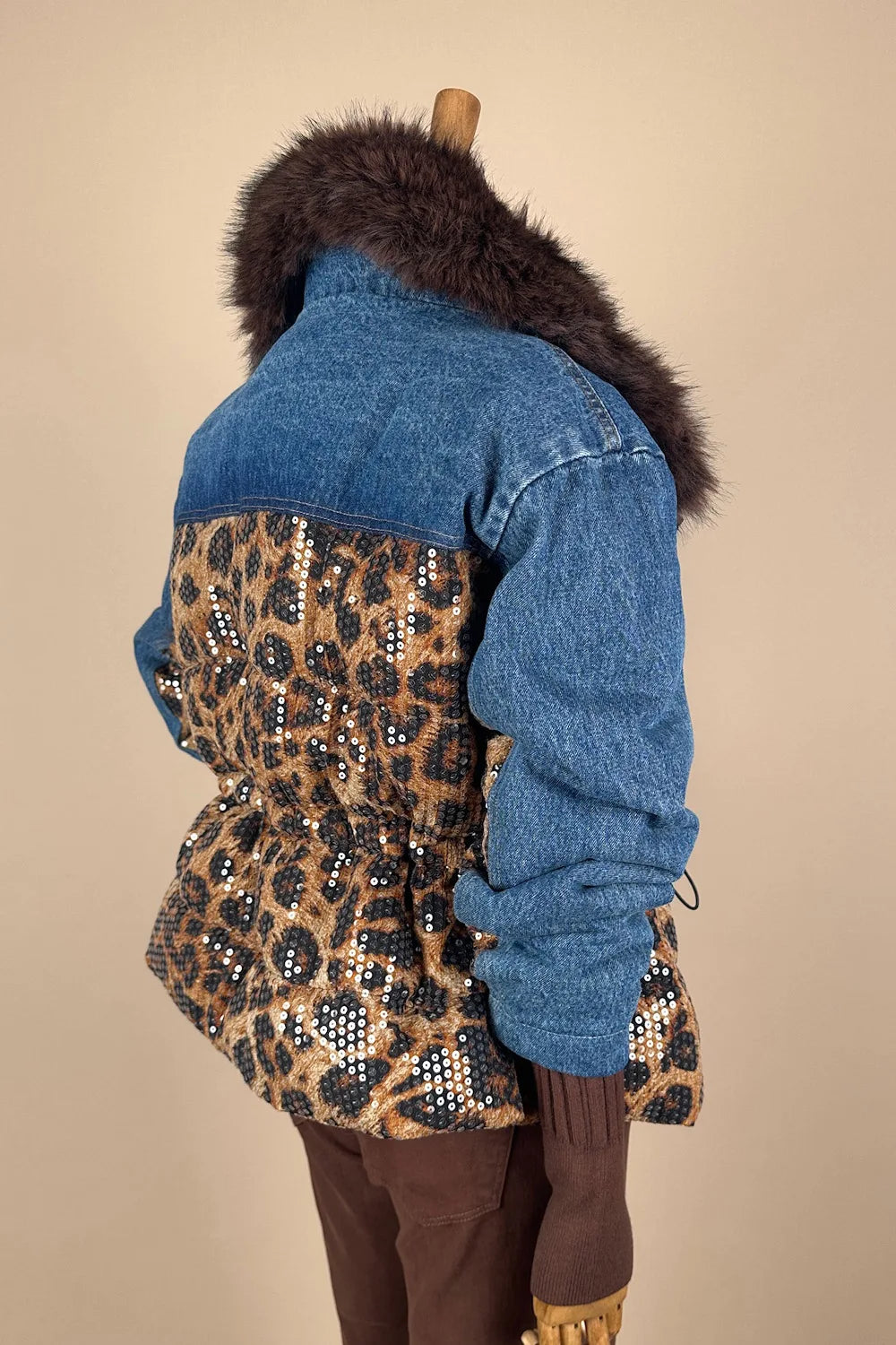 Leopar Desenli Payetli Denim Mont