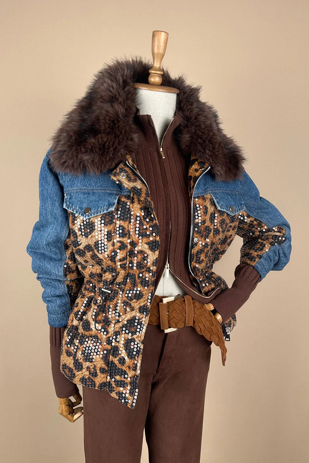 Leopar Desenli Payetli Denim Mont