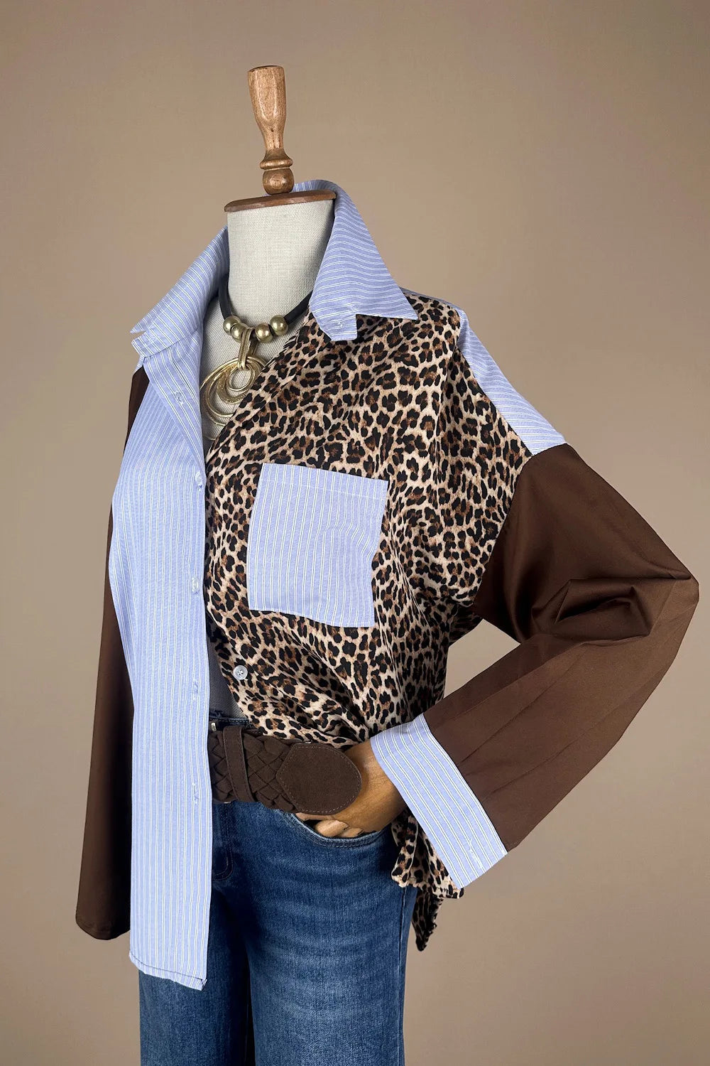 Leopar Desenli Patchwork Gömlek