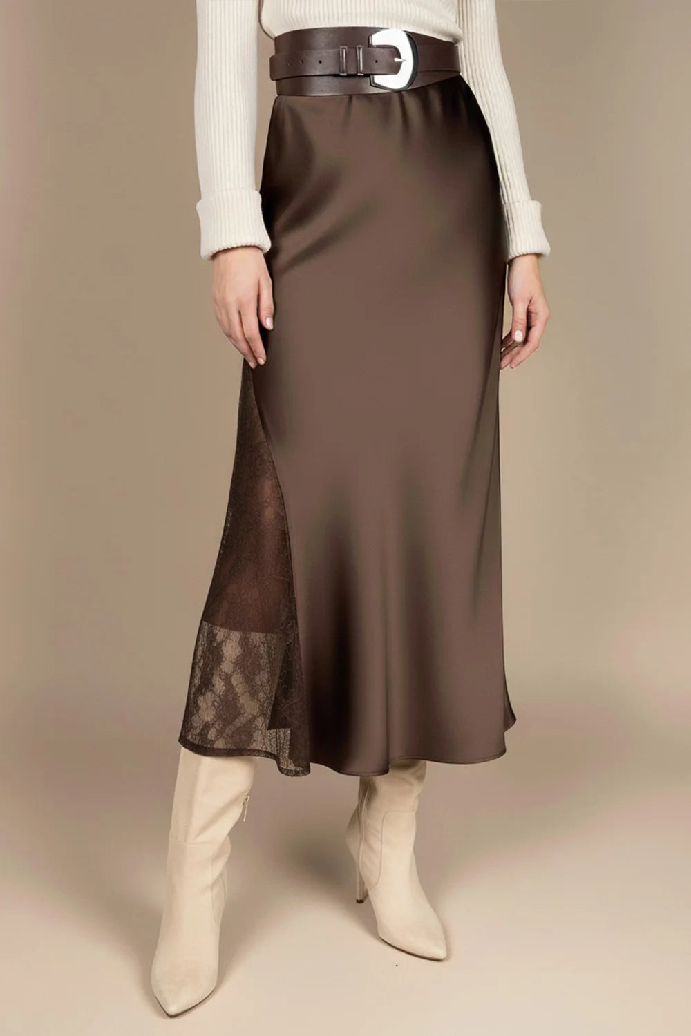 Dantel Detaylı Saten Etek