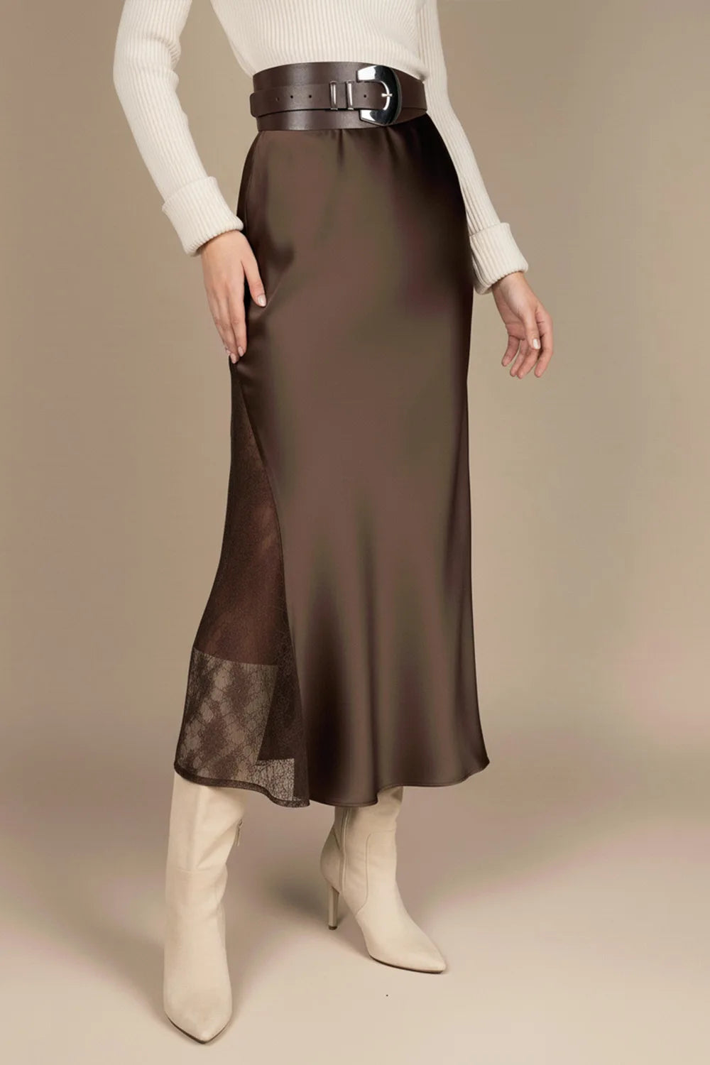 Dantel Detaylı Saten Etek