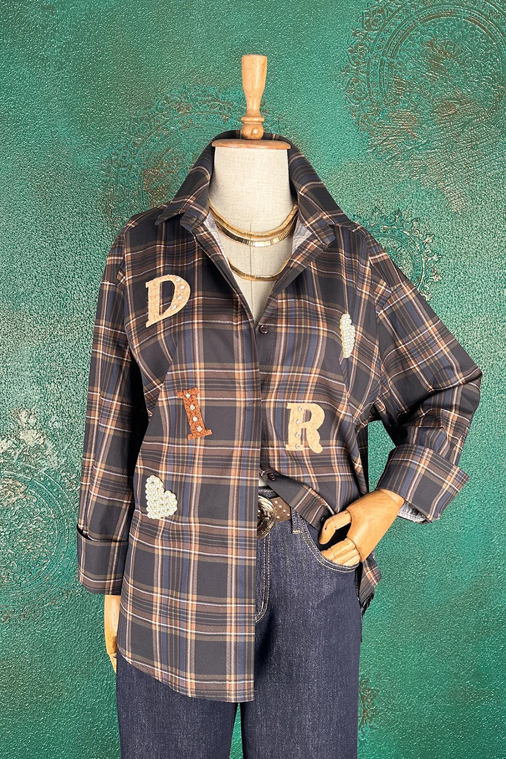 İşlemeli Ekoseli Oversize Gömlek