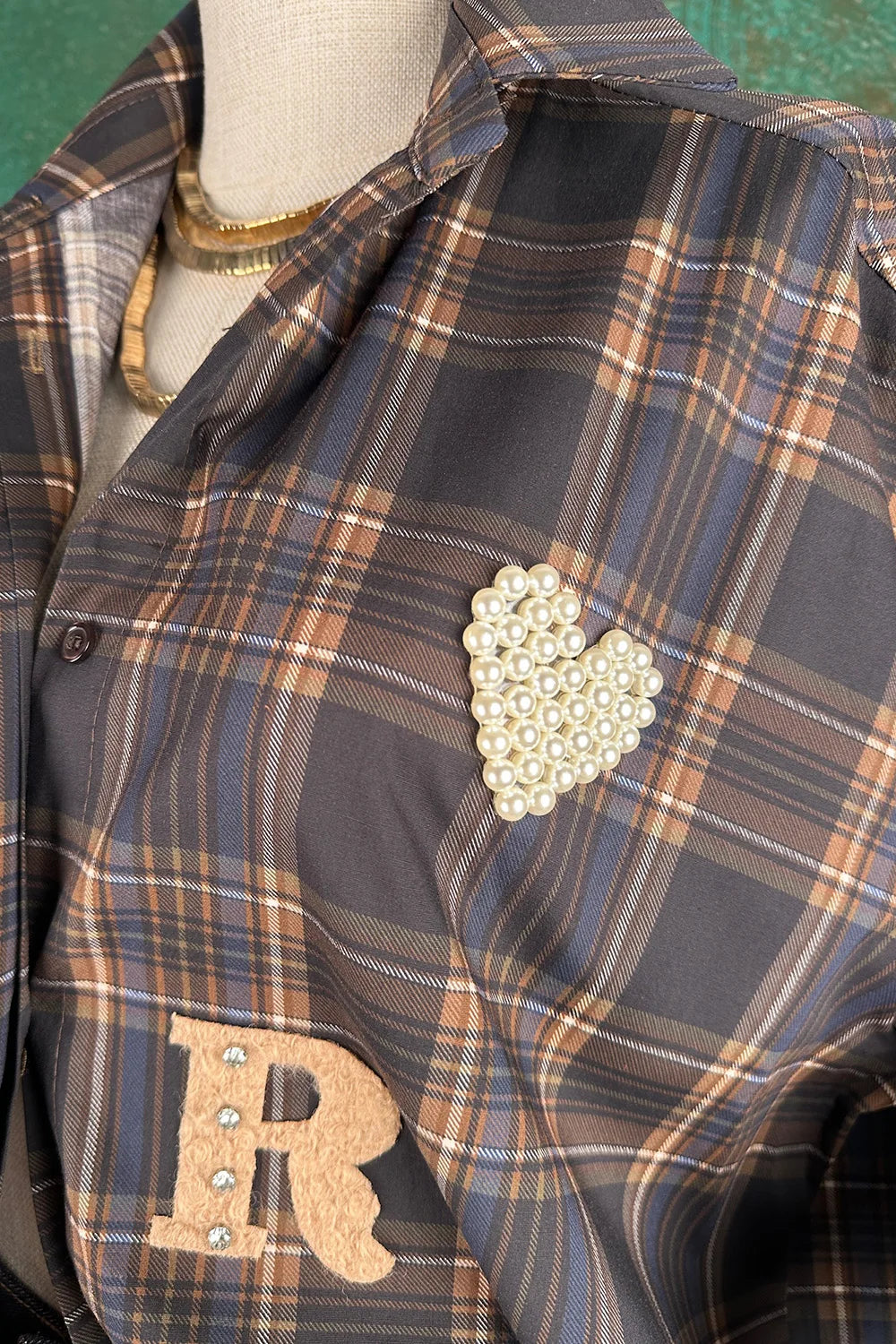 İşlemeli Ekoseli Oversize Gömlek