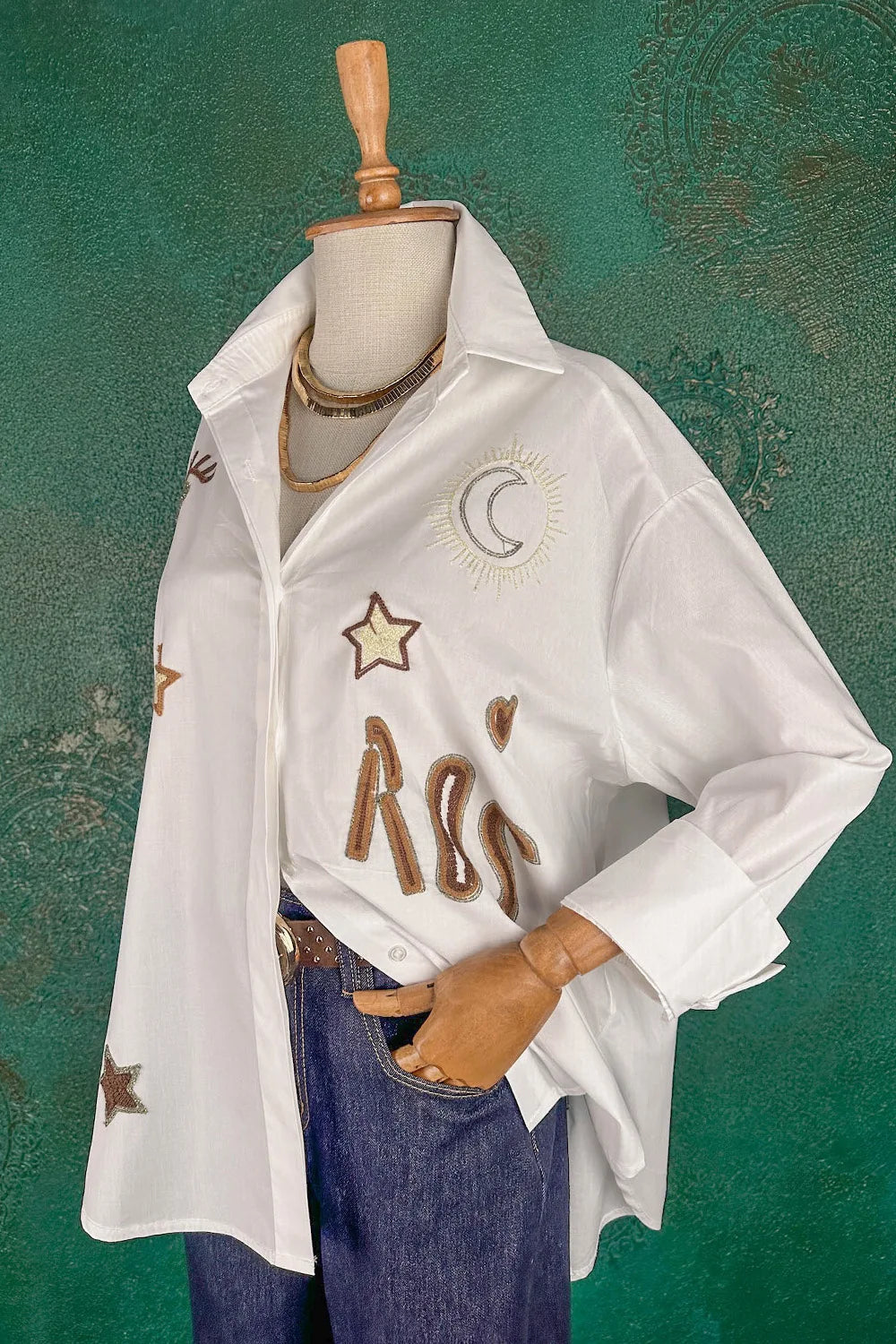 Simli İşlemeli Oversize Gömlek