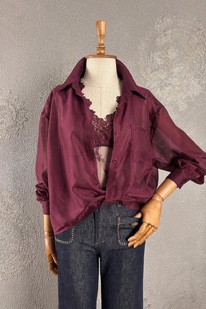 Bordo linen kadın gömlek, dantel detaylı, oversize kesim, çift katmanlı tasarım, önden görünüm