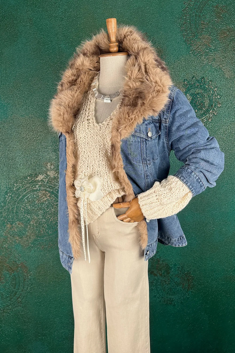 Kürk Detaylı Denim Mont