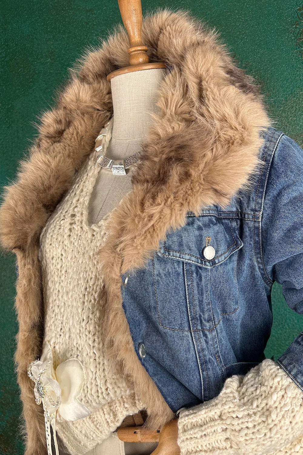 Kürk Detaylı Denim Mont