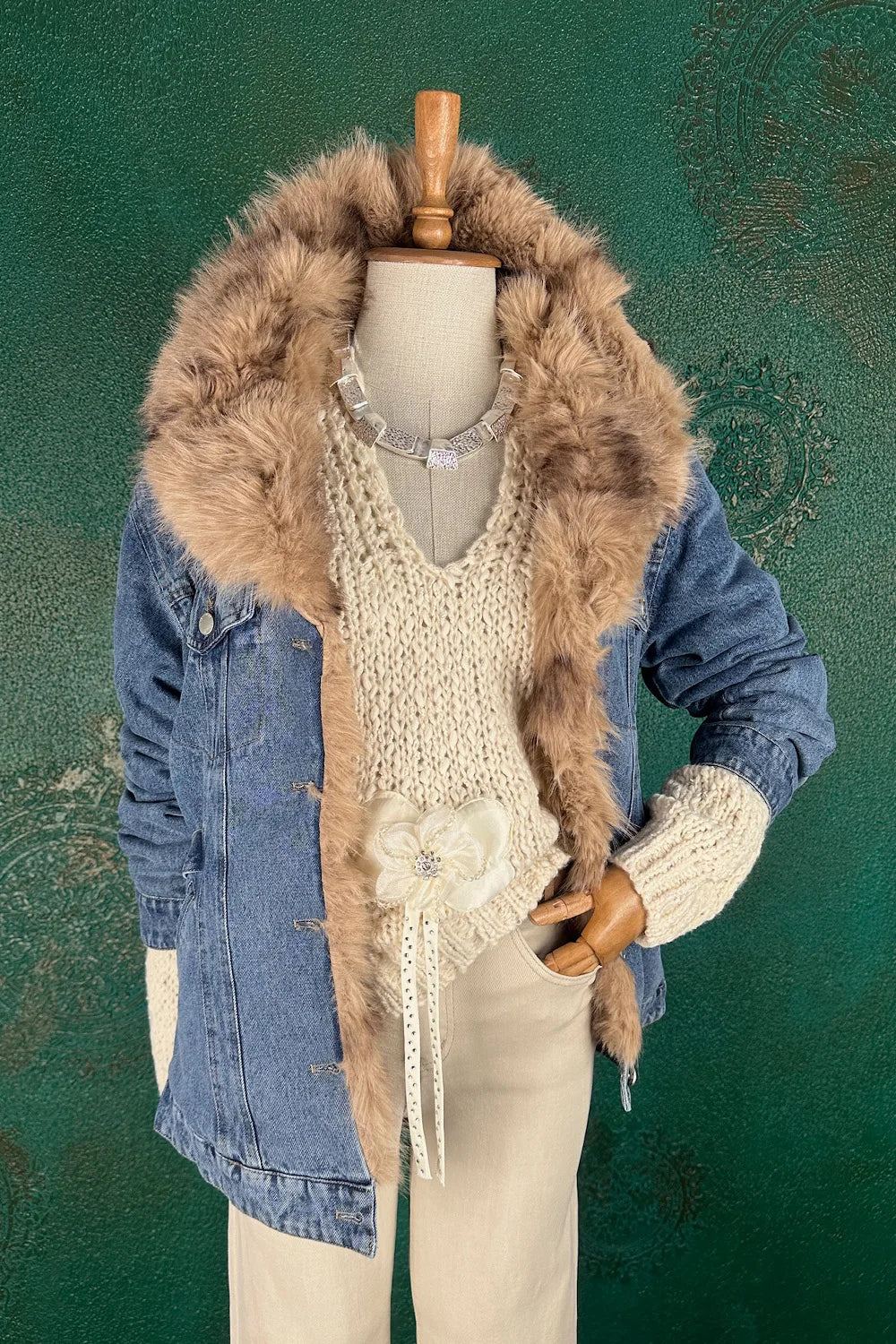 Kürk Detaylı Denim Mont