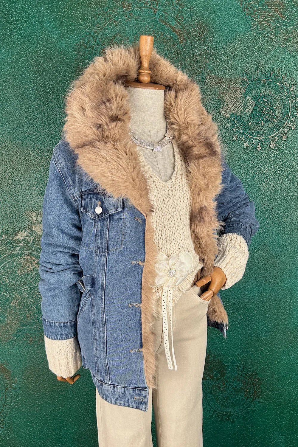 Kürk Detaylı Denim Mont