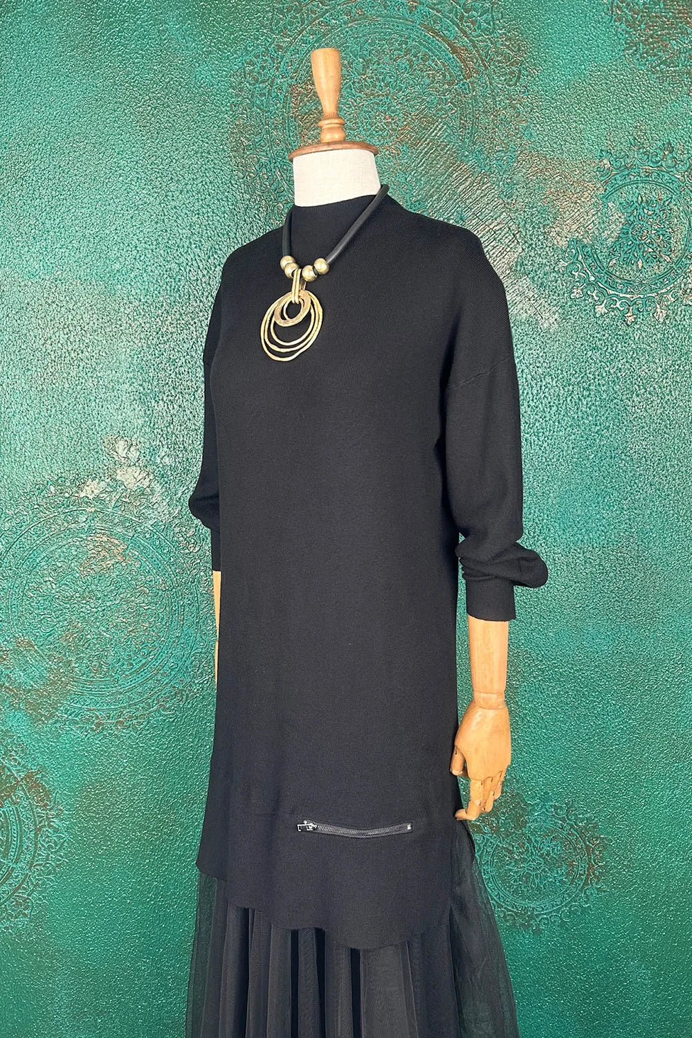 Tül Detaylı Triko Elbise