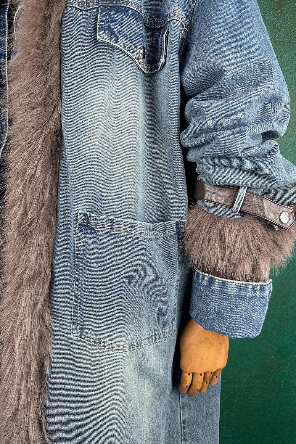 Kürk Detaylı Uzun Denim Ceket