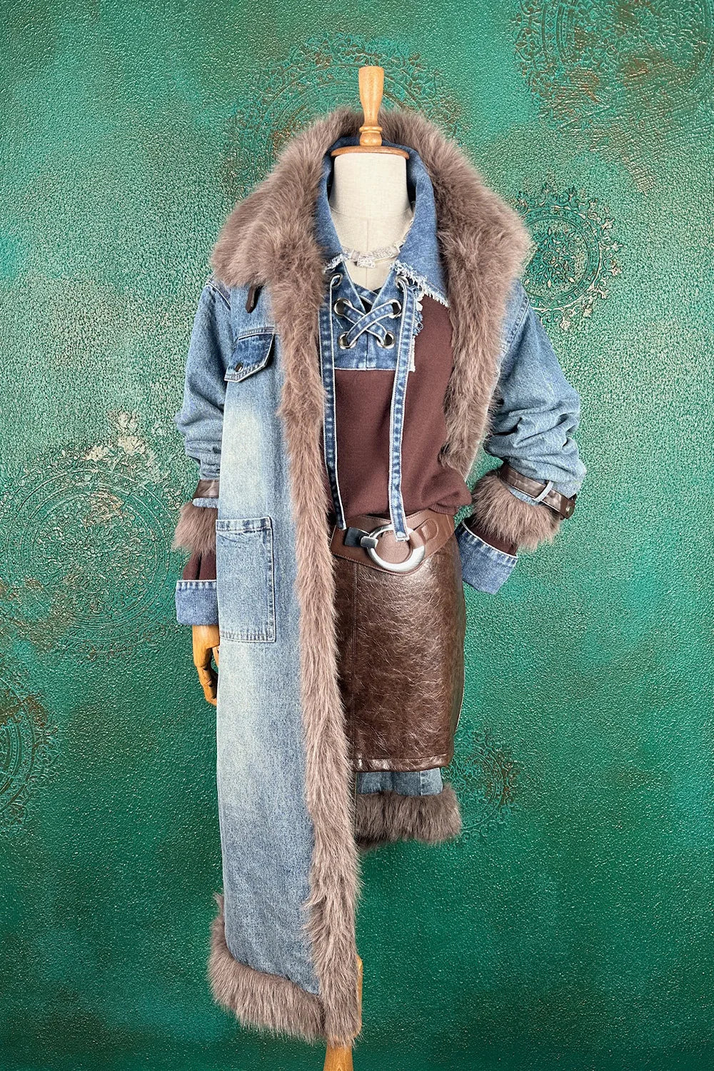 Kürk Detaylı Uzun Denim Ceket