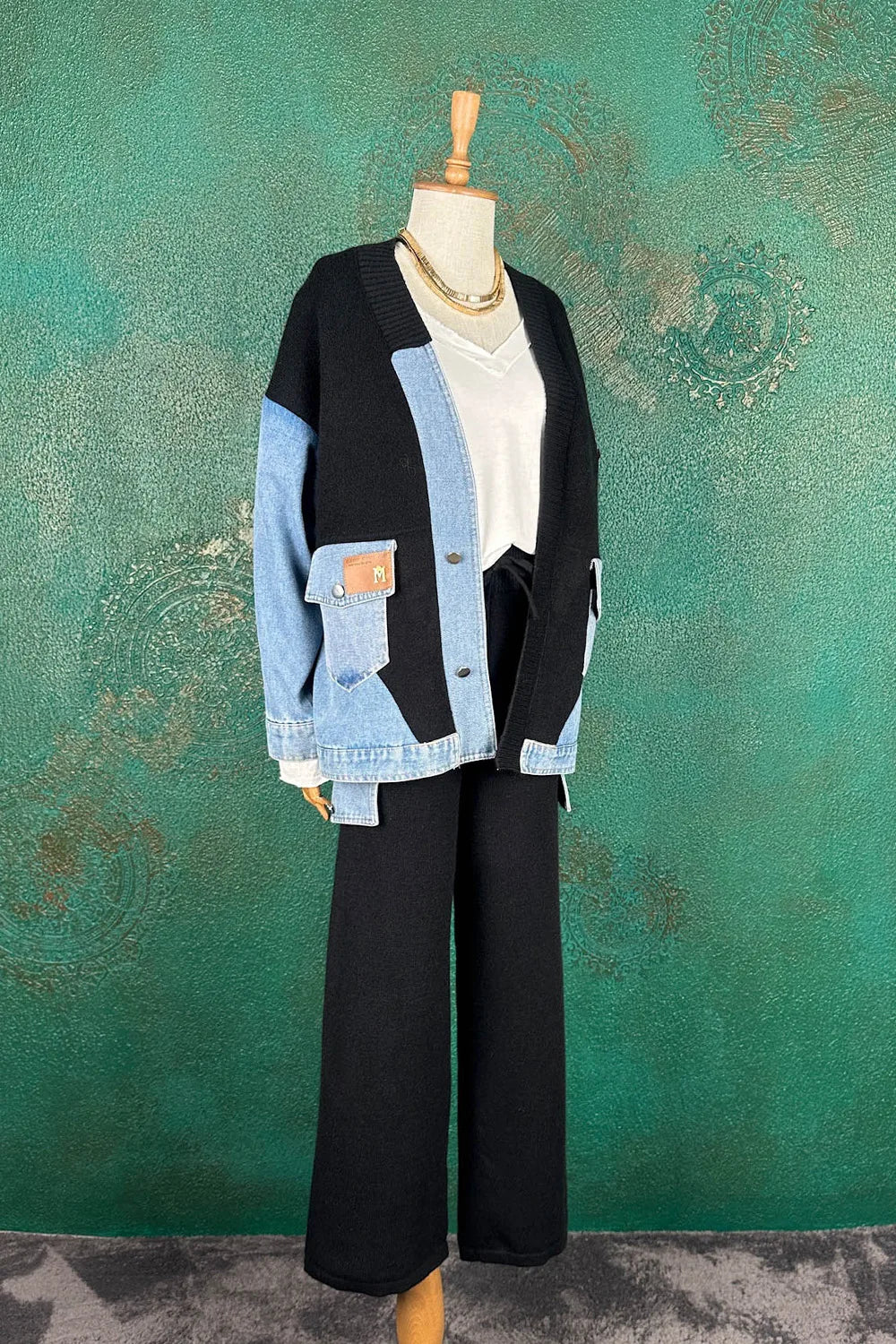 Denim Detaylı Triko Takım