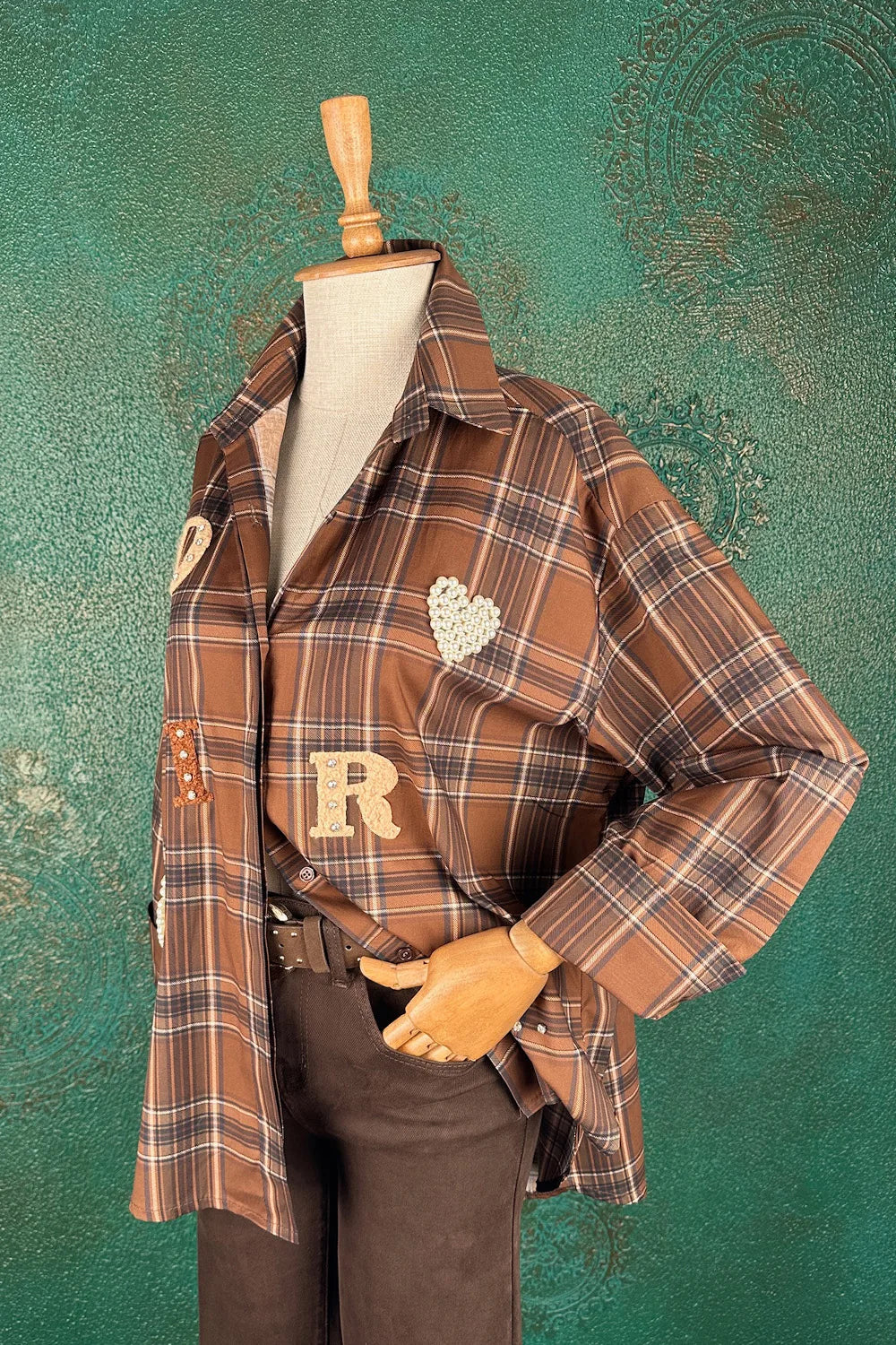 İşlemeli Ekoseli Oversize Gömlek