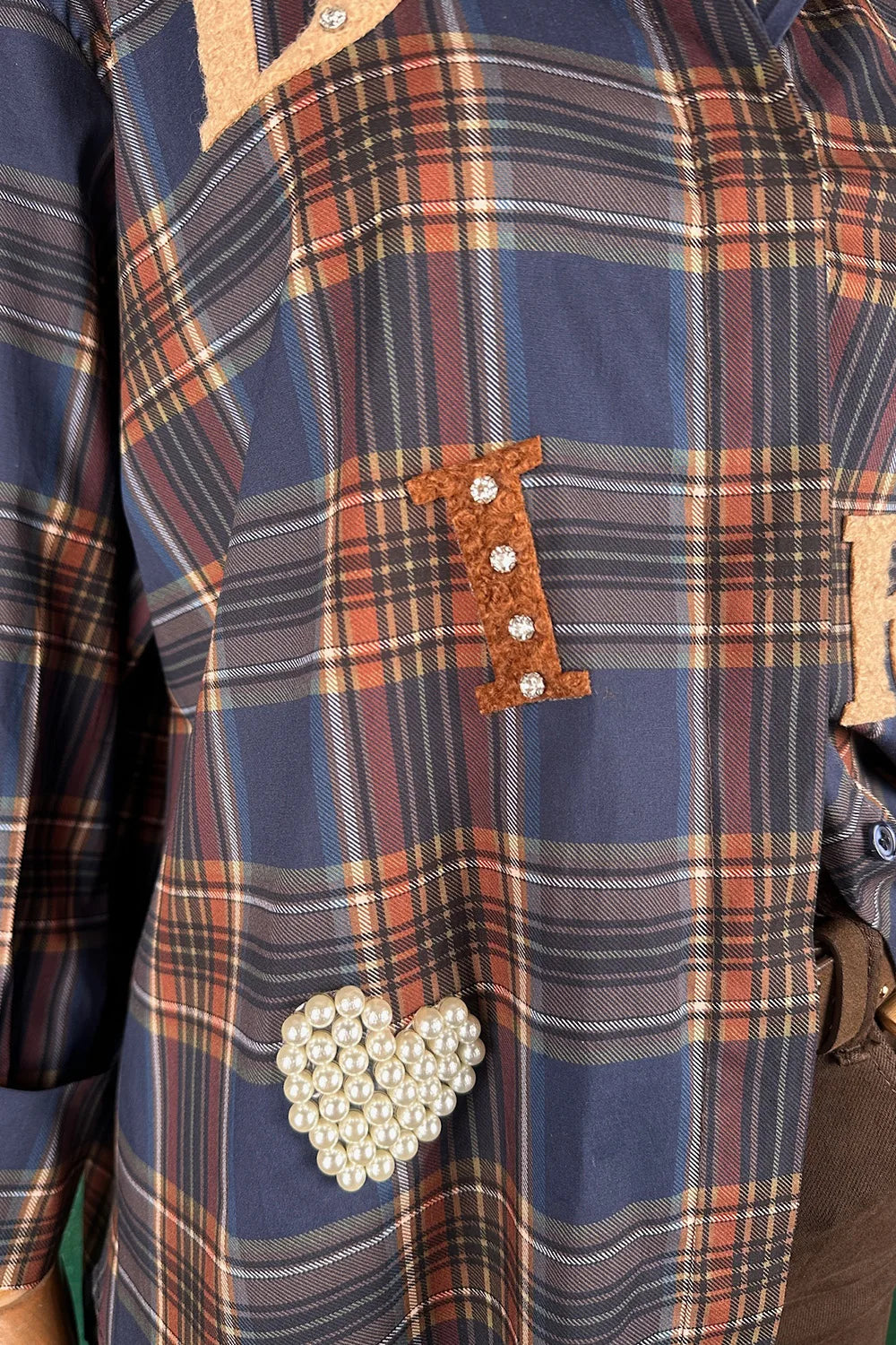 İşlemeli Ekoseli Oversize Gömlek