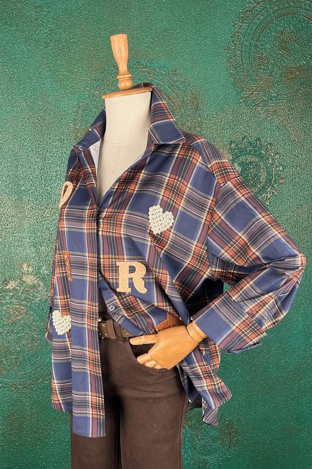 İşlemeli Ekoseli Oversize Gömlek