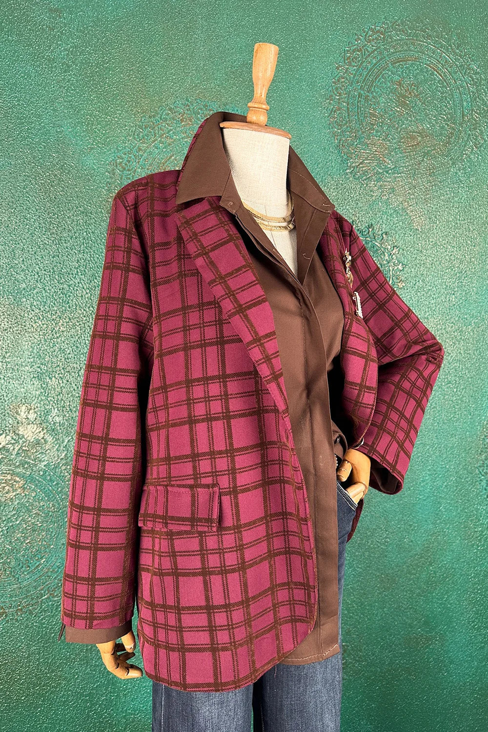 Ekose Kadife Çizgili Blazer Ceket